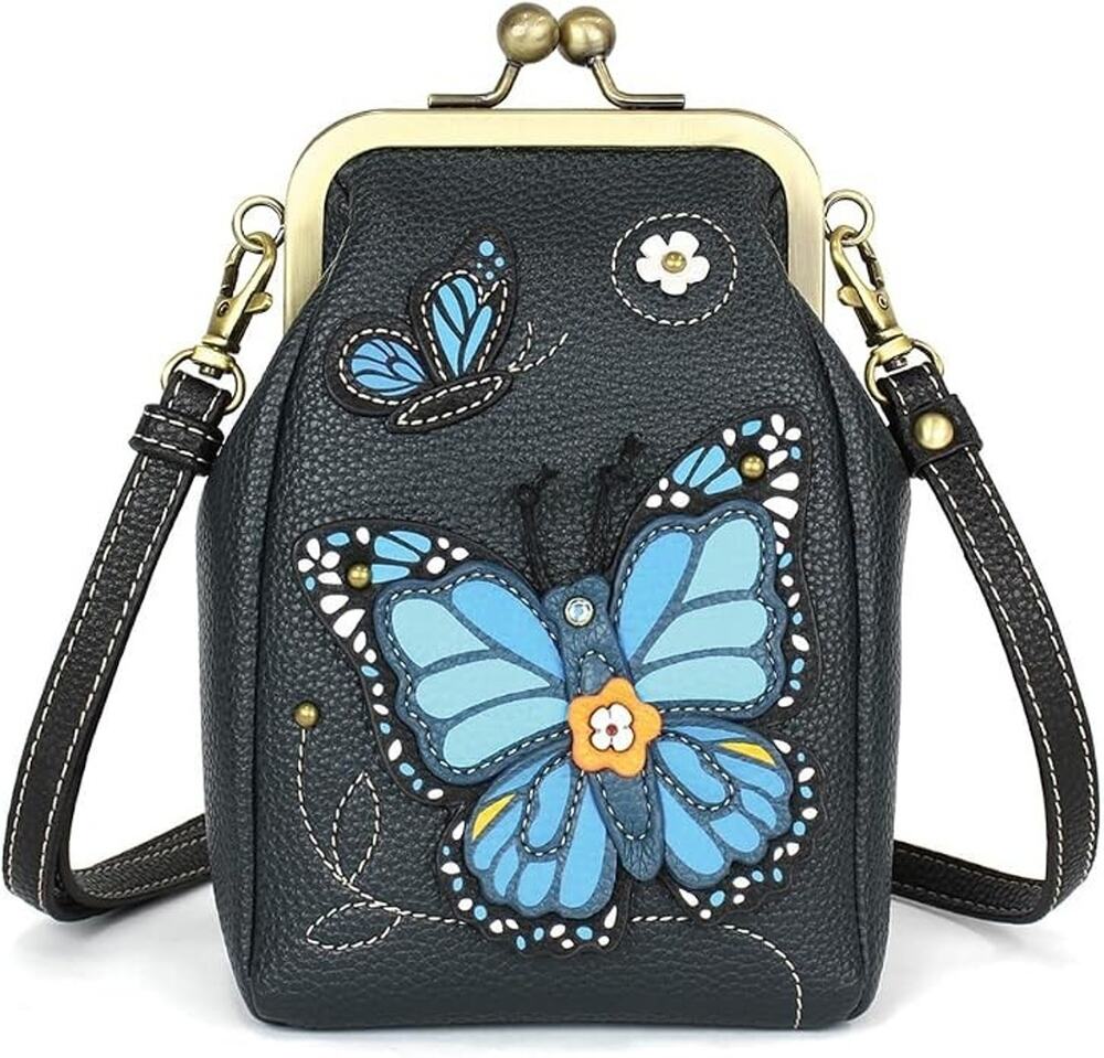 Chala Kisslock Faux Leather RFID Crossbody Purse - Blue Butterfly, Navy NWT